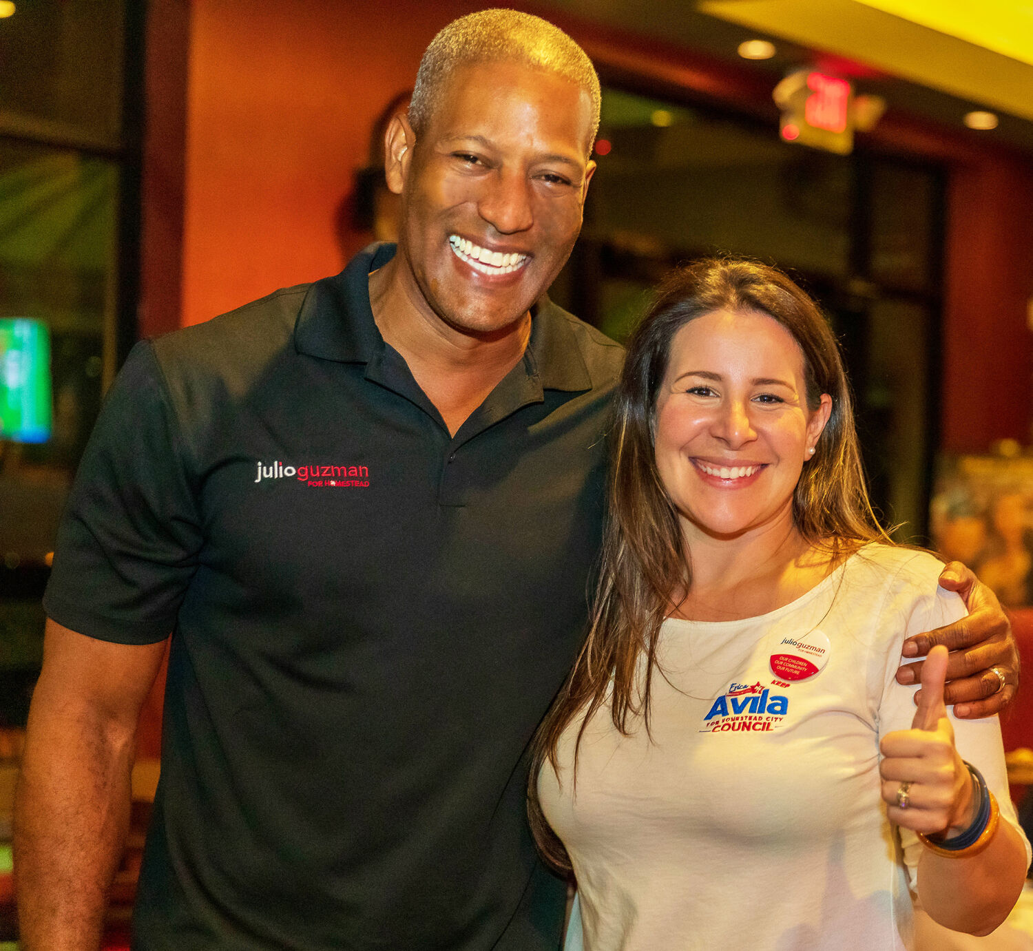 On election night, Julio Guzman poses with fellow councilperson Erica Avila. Guzman was at Portofino Pizza with two dozen supporters celebrating his win as vice mayor.